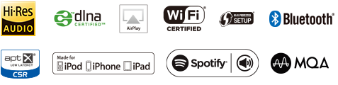 ハイレゾ、DLNA、WiFi CERTIFIED、WiFi CERTIFIED SETUP、AirPlay、Bluetooth、aptX、Made for iPod iPhone iPad