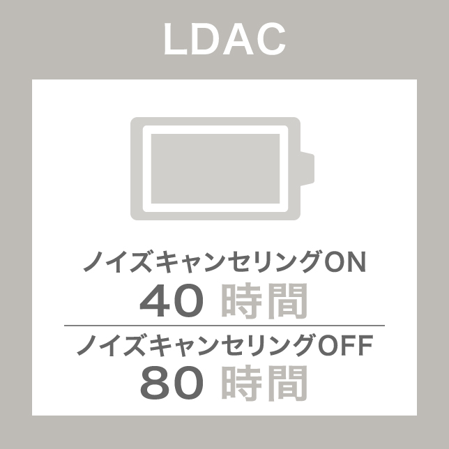 LDAC：ノイズキャンセリングON 40時間、ノイズキャンセリングOFF 80時間